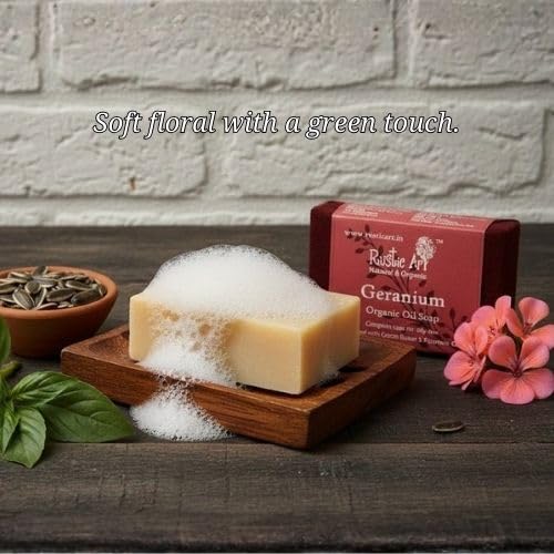 Image of Rustic Art Geranium Soap | Deep Cleansing, Oil Balancing | Jojoba Oil & Cocoa Butter | Sulphate, Paraben Free | Men Women | 100g