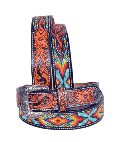 Western Tooled Leather Beaded Belt For Men and Women 30IS109