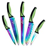 messer bunte klinge 🔪 EXTREM SCHARF - Das Set besteht aus 5 Messern: Kochmesser (20,3 cm), Brotmesser mit Wellenschliff (20,3 cm), Santoku-Messer (17,8 cm), Gemüsemesser (12,7 cm), Schälmesser (8,9 cm) und deckt damit jeden Einsatzzweck in der Küche ab.