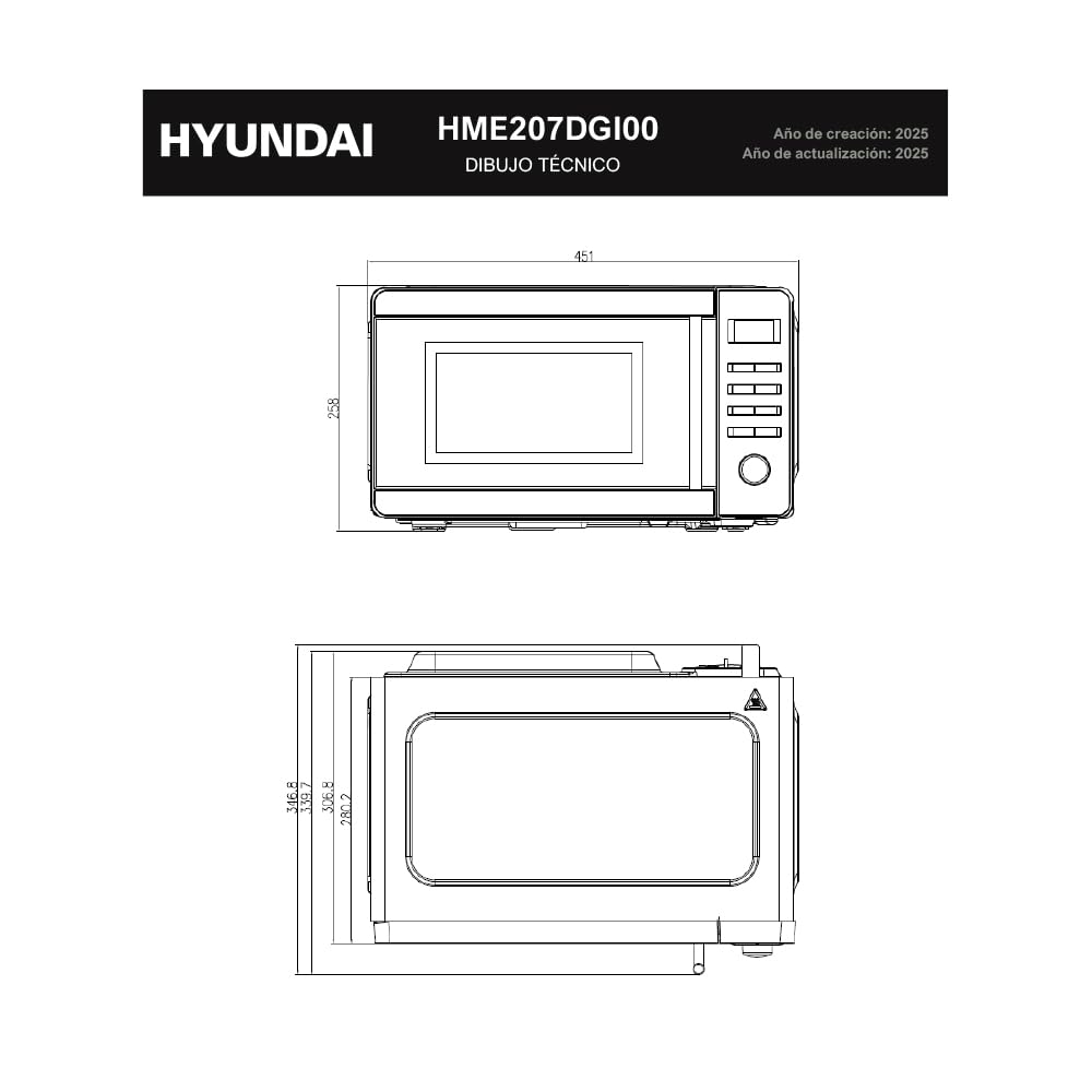 Hyundai Microondas 20 Litros con Grill Inox HME207DGI00. 700W, Grill 800W, 8 Programas, Modo Descongelación, Revestimiento Interior, Fácil Limpieza, Temporizador 60min.