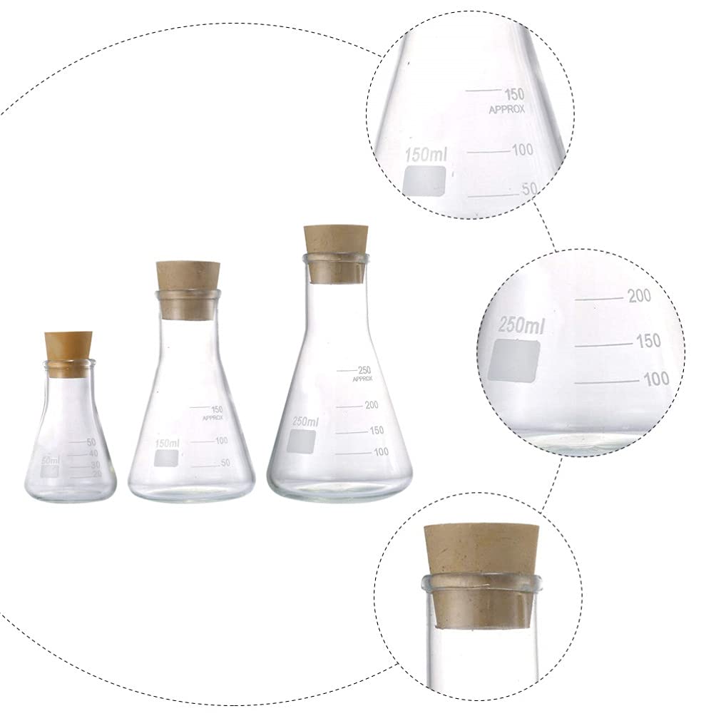 transparente Reagenzglasbehälter Reagenzgläser, 3-teiliges Glaskolben-Set, Chemiekolben aus Glas mit Holzdeckel, wissenschaftliches Glasgeschirr for Labor, wissenschaftliche konische Flasche