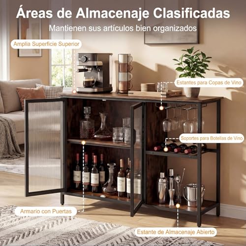 COSTWAY Armario de Vino con Enchufes Eléctricos y Luces Led, Mueble de Bar Independiente con Botelleros y Soportes para Copas, Aparador Industrial para Licores para Cocina, Comedor y Salón - imagen 5