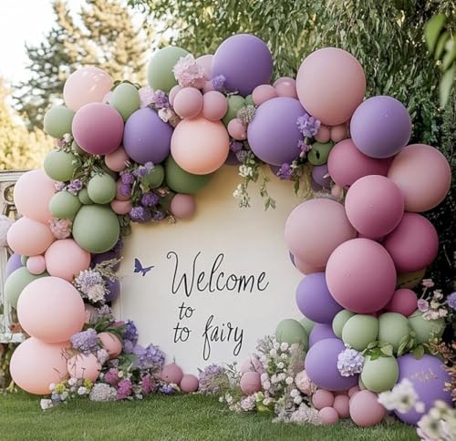Image of Dusty Green Purple Pink Balloon Garland Double Stuffed Pastel Light Green Pink Lavender Lilac Balloon Arch Kit Mauve Blush Balloons for Baby Shower Wildflower Birthday Wedding Summer Tea Party Decor