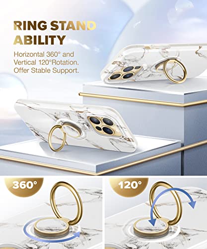Gviewin Case Compatible With Iphone 14 Pro Max 6.7 Inch 2022, Built-In 360°Rotatable Ring Stand, Slim Marble Phone Holder Hard Durable Shockproof Protective Kickstand Cover Case(White/Gold) #TOP2
