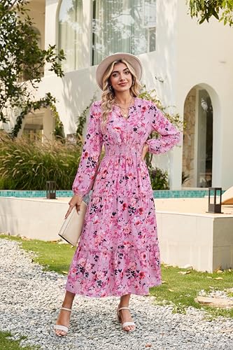 Image of GRACE KARIN Women's Floral Maxi Dress 2026 Fall Long Sleeve V Neck Empire Waist A Line Flowy Dress with Pocket