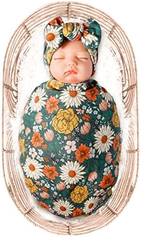 Konssy Baby Girl Newborn Receiving Blanket with Headband Set Baby Swaddle Floral Motif Nursery Swaddle Wrap (Green)