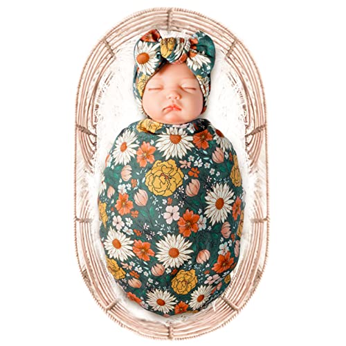 Konssy Baby Girl Newborn Receiving Blanket With Headband Set Baby Swaddle Floral Motif Nursery Swaddle Wrap (Green) #TOP3