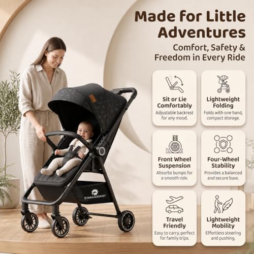 Image of StarAndDaisy Stroller for Baby, Foldable Baby Stroller with Reversible Seat, 3 Recline Positions, 5-Point Safety Harness, Adjustable Footrest, Large Canopy & Storage Basket