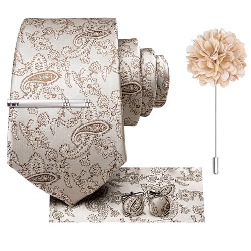 Image of Hi-Tie Silk Champagne Paisley Ties for Men Floral Jacquard Necktie and Pocket Square Lapel Pin Silver Tie Clip Cufflinks Set Wedding Business 6PCS