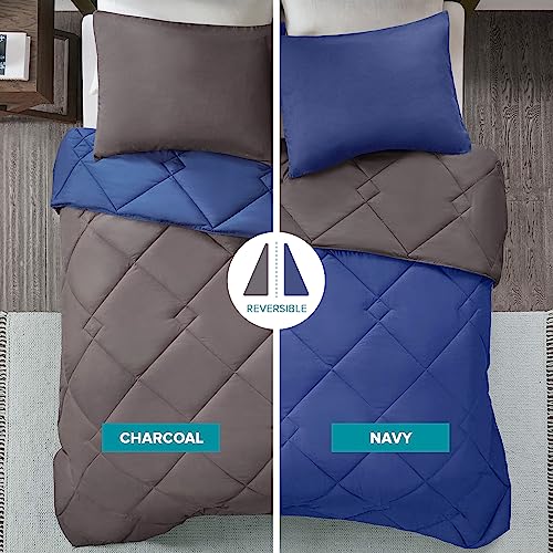 Image of Comfort Spaces a‚¬a€oe Vixie Reversible Goose Down Alternative Comforter Mini Set - 2 Piece a‚¬a€oe Navy and Charcoal a‚¬a€oe Stitched Geometrical Diamond Pattern a‚¬a€oe Twin /Twin XL Size, Includ
