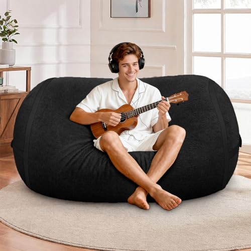 Image of 4FT Bean Bag Chair 4'Big Bean Bag Chairs with Adults, Large Beanbag Chair | Bean bag Lounger with Machine Washable Cover Luxurious Velvet Fabric, Comfy Chairs for Living Room, Bedroom, Dorm, Black