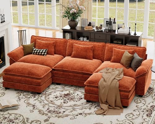 CDCASA 120 Oversized Modular Sectional Sofa Comfy U-Shaped Cloud Couch w/ 2 Movable Ottoman 5-Seater Chenille Deep Seat Modern Sofa Couch for Living Room DIY Combination Terracotta Orange