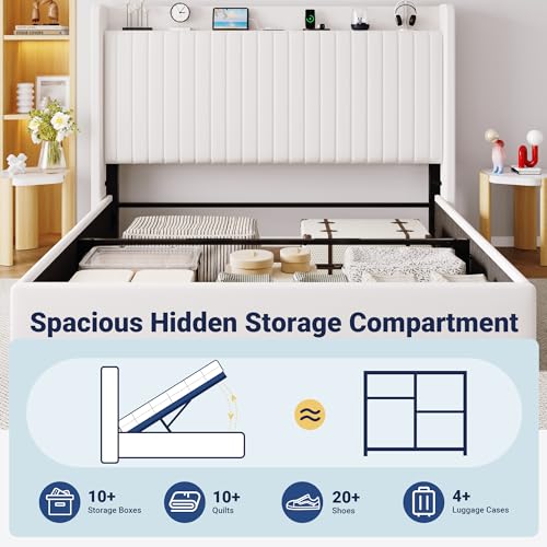 Image of Allewie King Size Lift Up Storage Bed Frame,Storage Shelf Headboard with Charging Station,Type-C and USB Ports,Hydraulic Support,Velvet Upholstered Bed Frame,No Box Spring Needed,White