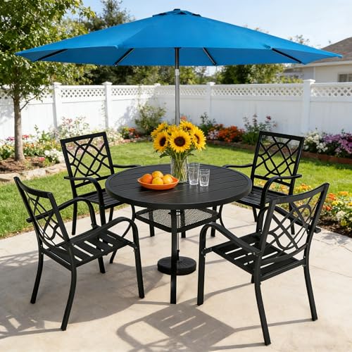 Image of SUNCROWN 6-Piece Outdoor Wrought Iron Chairs and Table Patio Dining Furniture Set - 4 Stackable Metal Chairs, 1 42 inch Round Bistro Table and 1 Sky Blue 9Ft Patio Umbrella for Garden Backyard Deck