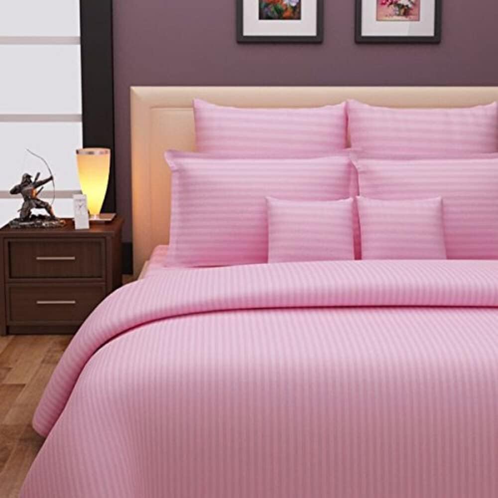 DECOR2ADMIRE 300TC Pure Cotton Plain Stripe King Size Double Bedsheet for Double Bed with Two Pillow Covers (King, Baby Pink)(100 * 108 Inches)