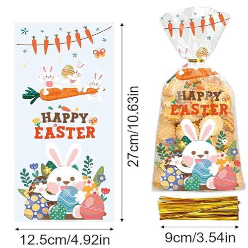 YUNNINGMENG 100 PCS Plätzchentüten Ostern, 100 Stück Cellophantüten Ostern mit 110 Stück Goldbändern, 4 Oster-Motive, Transparente Backtüten für Kekse, Süßigkeiten, Schokolade, Nüsse