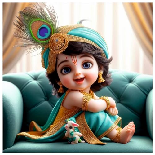 Image of Akki Wold Cute Eyes Sky Blue Krishna Wall Poster Living Room, Office, Pooja Room (Size - 46CM X 46CM)