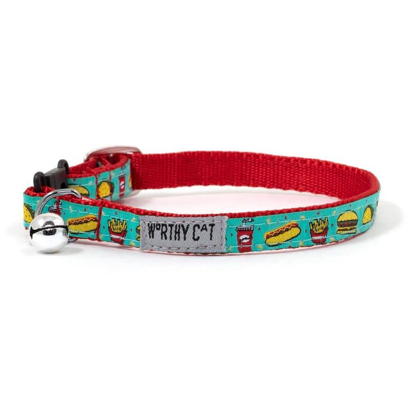 The Worthy Dog Food Fest Adjustable Nylon Strip Cat Collar, Safe Snap Clasp with Bell - One Size, Turquoise