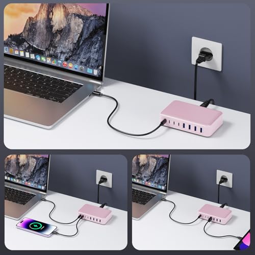 200W Caricatore USB C Multiplo, GaN III 8-Port 65W Laptop Caricabatterie PPS PD QC Alimentatore USB C Multipla Stazione di Ricarica mit USB A per MacBook Air/Pro Laptop iPhone Samsung SteamDeck-Rosa