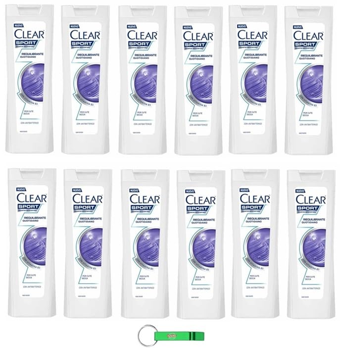 12 x Clear Shampoo Sport Riequilibrante Quotidiano – Champú anticaspa para cuero cabelludo seco 225 ml + llavero Beni Culinari gratis
