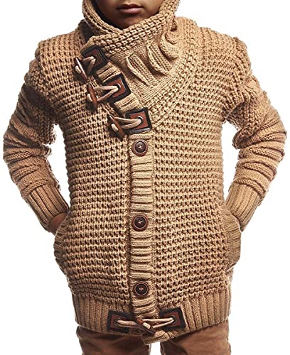 Pengfei Kids and Boy's Shawl Collar Cable Knitted Cardigan Sweater Turtleneck Button Up Long Sleeve Winter Outerwear Tops Khaki