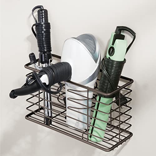 mDesign Steel Wall Mount Hair Dryer Storage Organizer - Hair Styling Tool Basket for Bathroom and Bedroom - Holds Hair Dryer, Flat Iron, Curling Wand, Hair Straightener - Linelle Collection - Bronze - Image 7
