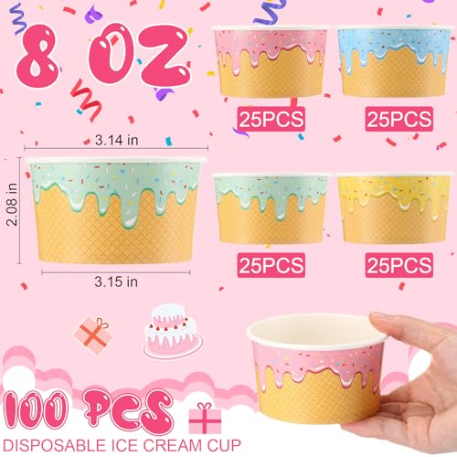 Image of 100 Pcs 8 oz Ice Cream Cups Paper Disposable Dessert Bowls Paper Ice Cream Sundae Bowls Bulk Dessert Cups Yogurt Snack Soup Containers for Cold or Hot Food Summer Birthday Party Supplies