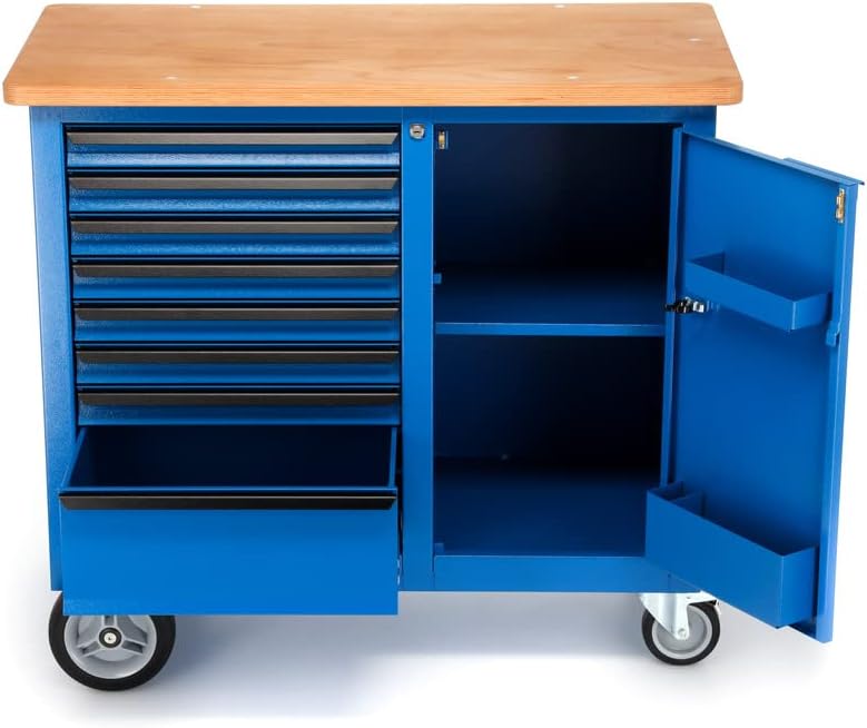 GEDORE 1504 0701 Rolling Workbench with 8 Drawers and Wooden Top, Workbench on Wheels, Sheet Steel, Empty
