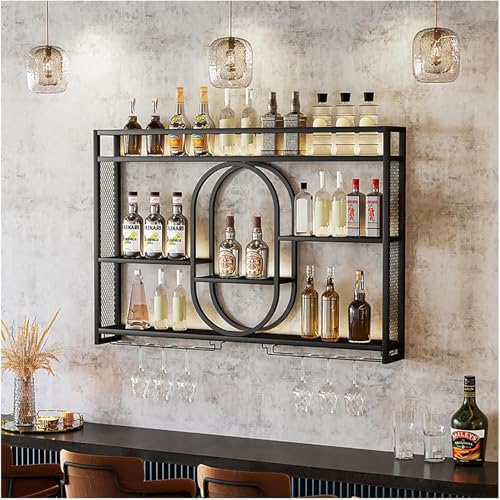 Casier à vin mural avec LED et porte-verre suspendu en métal noir 140x15x80cm