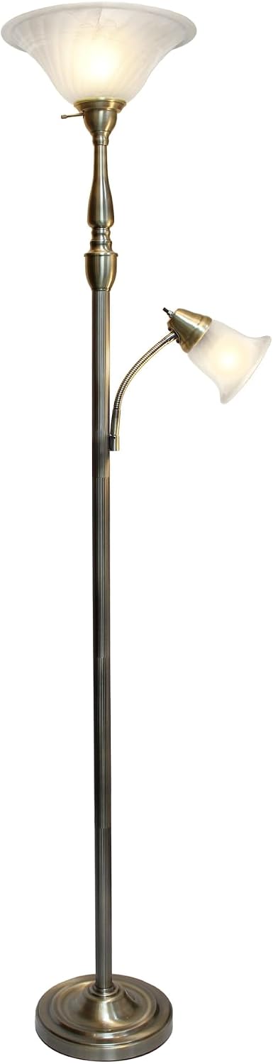 Elegant Designs LF2003-ABS 2 Light Mother Daughter White Marble Glass Floor Lamp, Antique Brass