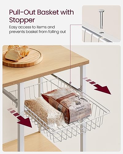 Image of VASAGLE Baker's Rack, Microwave Stand, Kitchen Storage Rack with Wire Basket, 6 Hooks, and Shelves, for Spices, Pots, and Pans, Golden Oak and Cloud White UKKS035W09