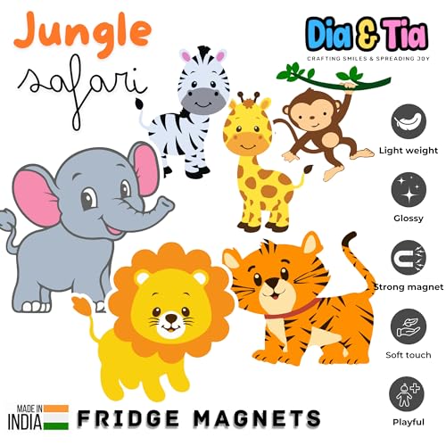 Image of Dia & Tia - Premium Fridge Magnets - Handmade in India for Office, Kitchen, refrigirators, Magnetic Boards - Improves Hand Eye cordination, Creativity, Story Telling, Role Play(Kids - Jungle Theme)
