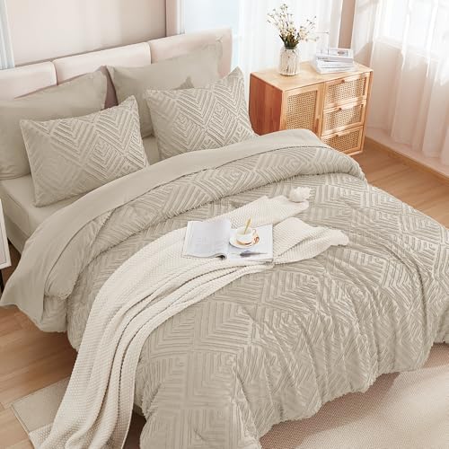 Image of Andency Oatmeal Super King Plus Size Comforter Set with Sheets - 7 Pieces Bed in a Bag Boho Tufted Bedding Sets Fluffy Lightweight Oversized King Bed Set with Comforter, Sheets, Pillowcases & Shams