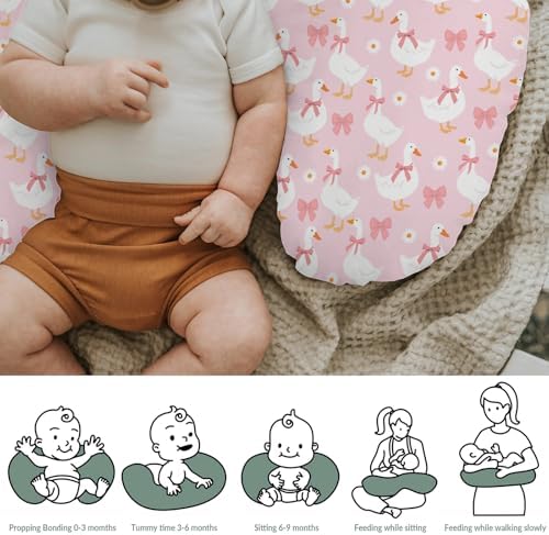 Cute Geese Pink Bows Baby Nursing Pillow Covers for Boy Girl Pastel Ducks Daisy Nursery Pillowcase for Breastfeeding Pillows Spring Farm Animal Floral Soft Stretchy Slipcovers for Newborn Infant — 사진 6