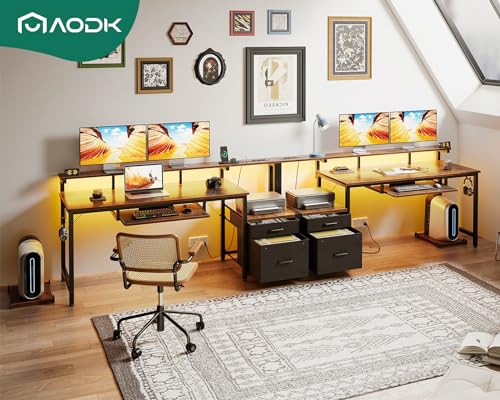 Reversible Computer Desk with Power Outlet & LED Light