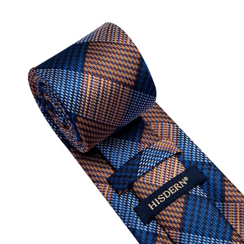 HISDERN Blue Brown Ties for Men Wedding Plaid Necktie Classic Check Silk Woven Tie & Pocket Square Set Gingham Formal Business Neckties handkerchief