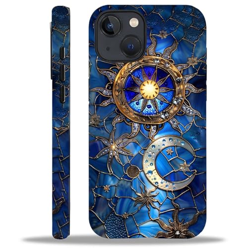 ZHEGAILIAN Case for iPhone 13 iPhone 14,Stained Glass Moon Sun for 2 in 1 Hard Shell + Soft Silicone,Shockproof Bumper Drop Protective Case