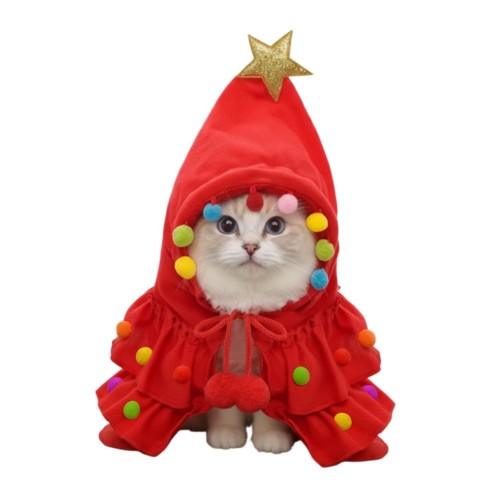 Pet Christmas Costume, Green/Red Puppy Xmas Cloak with Elastic Santa Hat & Adjustable Drawstring for Small, Medium Pets