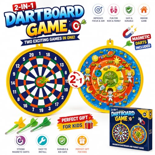 Image of 2 in 1 Magnetic Dart Board Game for Kids & Family Double Sided Indoor Dartboard with Space Target Game Safe Magnetic Darts Toy for Boys Girls Age 4 5 6 7 8 9 10+ Years Birthday Gift Party Game Set