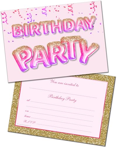 Olivia Samuel 20 Pack of Girls Birthday Invitations with Envelopes Pink and Gold Glitter Effect Ready to Write Designed and Printed in the UK