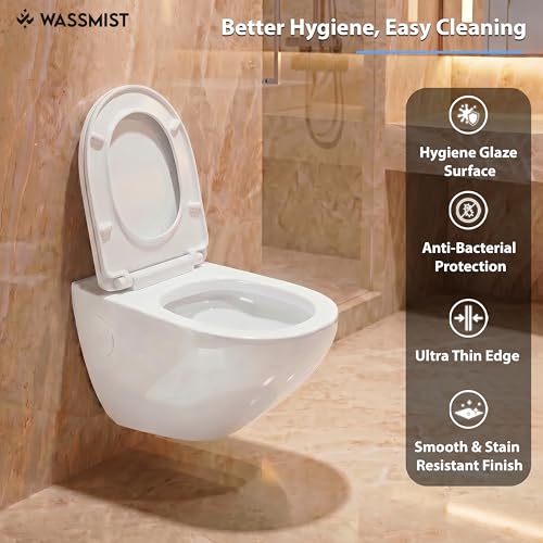 Image of WASSMIST Wall Hung Western Toilet | Rimless Ceramic Commode for Bathroom | Modern Stylish Sanitary Ware for Home | Space-Saving Toilet Bowl for Comfort & Hygiene
