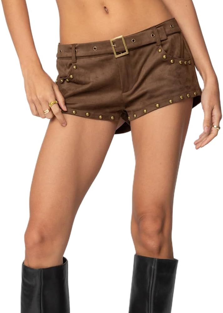 Women Y2K Studded Belt Micro Shorts Vintage Low Rise Slim Fit Rivet Shorts Faux Suede Bottoms Gothic Party Clubwear