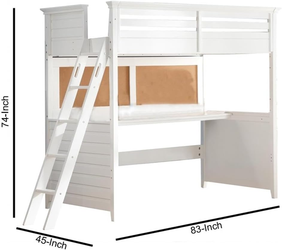 Pemberly Row Twin Loft Bed with Desk and Cork Back Panel, White Finish, Full-Length Safety Rails, Reversible Ladder, Compact Space-Saving Design, Kids Bedroom Elevated Sleep and Study Solution
