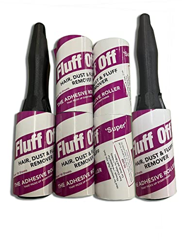 Fluff Off Lint Roller & Refill Set 2 Handles & 6 x 90 Sheet Refills. Removes Pet Hair, Fluff & Dust from Clothes, Upholstery and Carpet - 540 Total Sheets