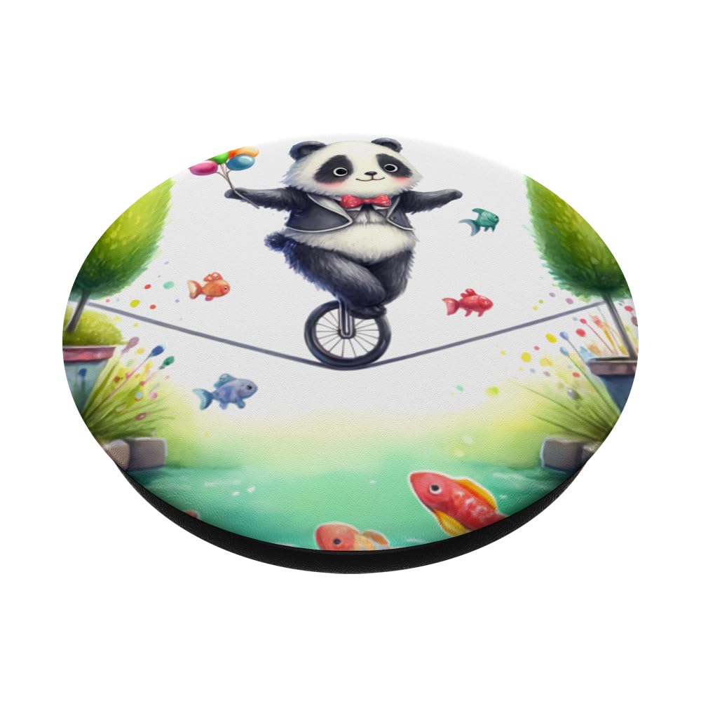 Panda Riding Unicycle On Tightrope Over Pond. Fish Skill Fun PopSockets Swappable PopGrip, Black - Image 2