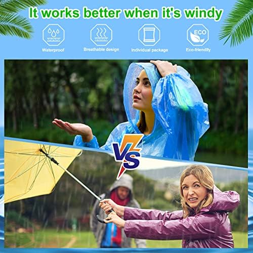 Miniatura 8 de Handepo Paquete de 100 ponchos de lluvia para adultos con capucha, ponchos de lluvia de plástico desechables, impermeables de emergencia a granel