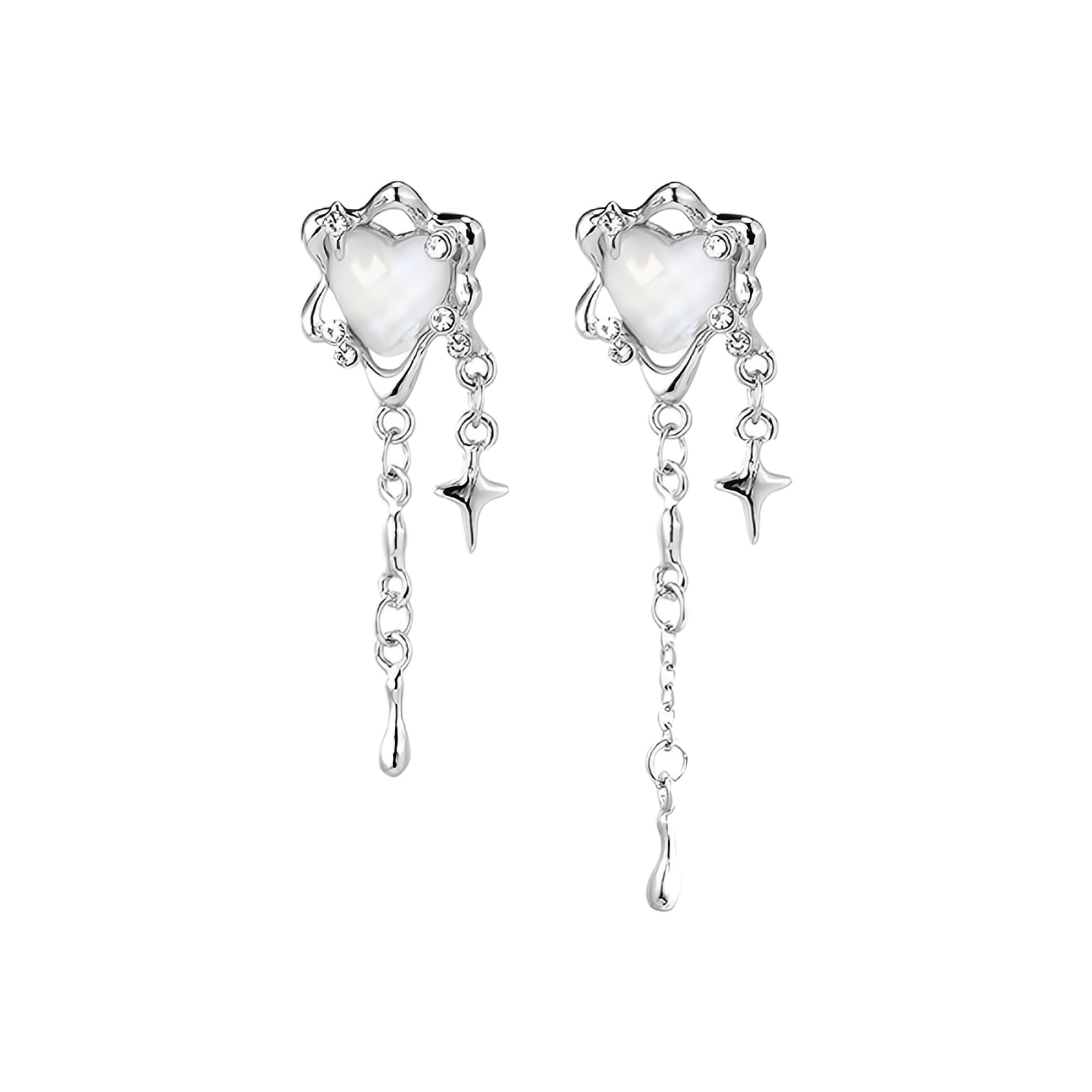 Moonstone Heart Tassel Earrings for Women, Cute Y2K Grunge Dangling Earrings Silver Stars Dangle Earrings Preppy Aesthetic Jewelry