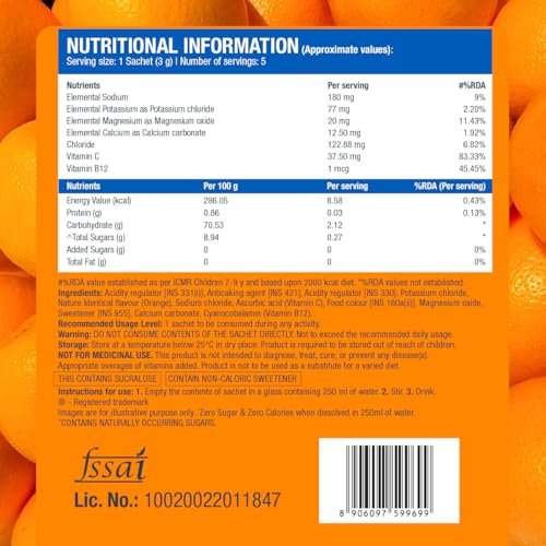 Image of Fast&Up Reload Electrolytes Powder Sachets | Zero Added Sugar Hydration Drink with 5 Essential Electrolytes Vitamin C & B12 | Summer Heat, Workout Recovery, Travel & Wellness | Orange, Pack of 5 Sachets