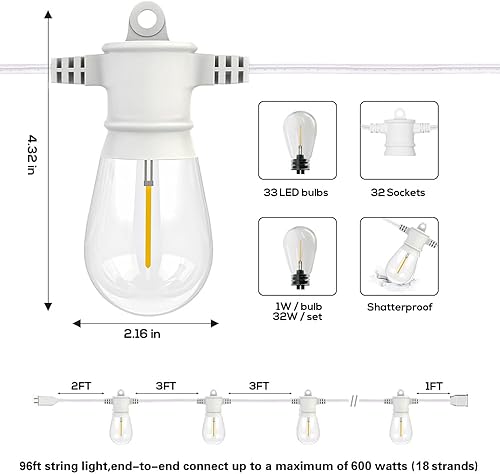 Miniatura 2 de SUNTHIN Guirnalda de luces blancas, 192 pies (paquete de 2 unidades de 96 pies), luces blancas para exteriores con bombillas LED inastillables para