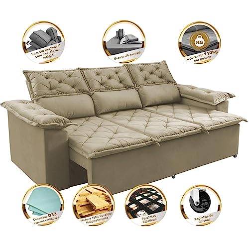 Sofá 3 Lugares Retrátil e Reclinável Cama Inbox Compact 2,00m Velusoft Bege